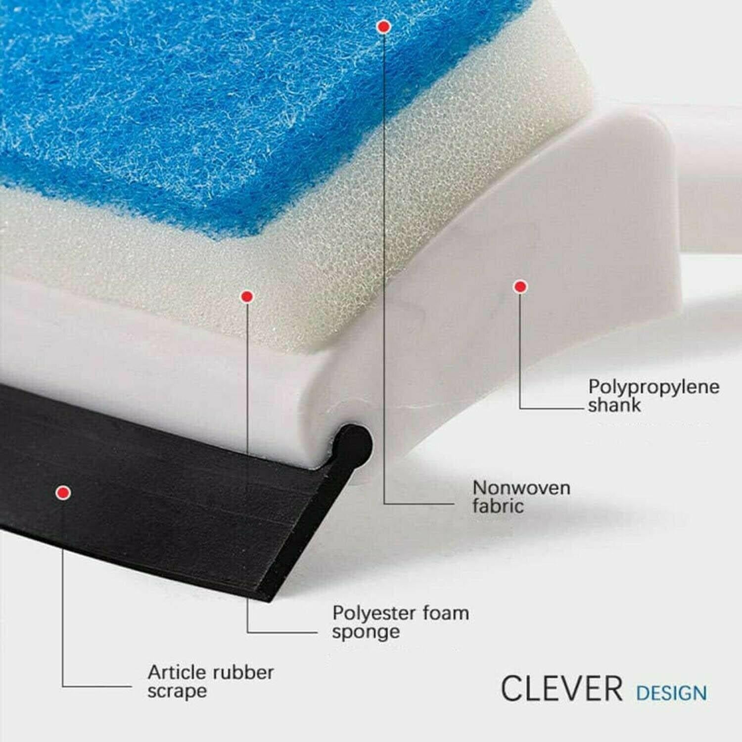 double-sided bathroom window wiper closeup showing nonwoven fabric foam sponge and rubber scraper