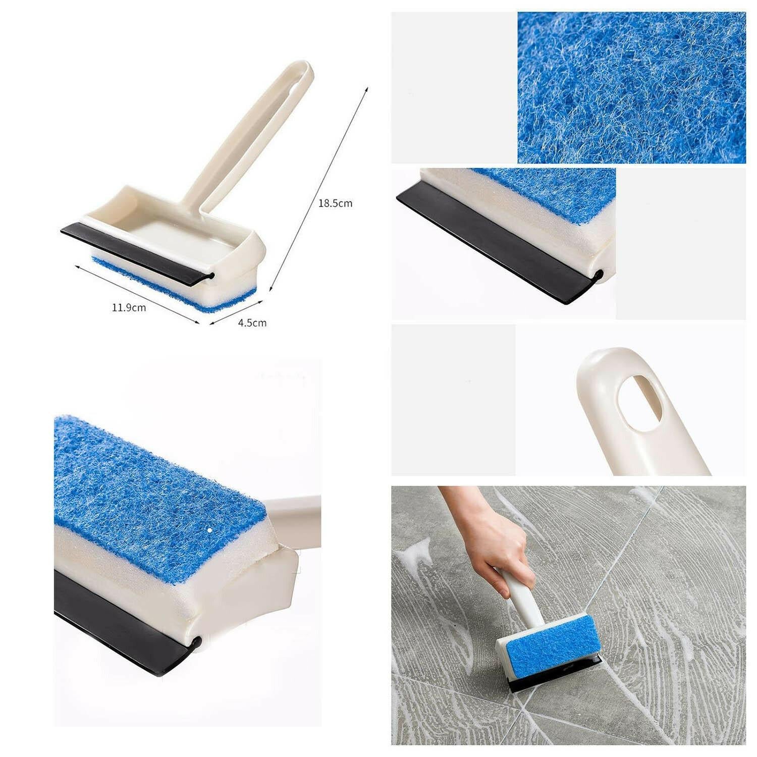 double-sided bathroom window wiper with blue scrub pad and rubber squeegee for glass surfaces