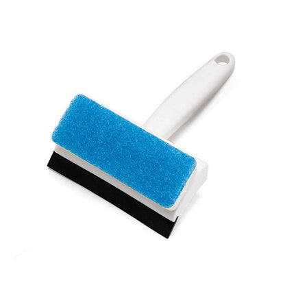 double-sided bathroom window wiper with blue scrubbing pad and black rubber squeegee for glass cleaning