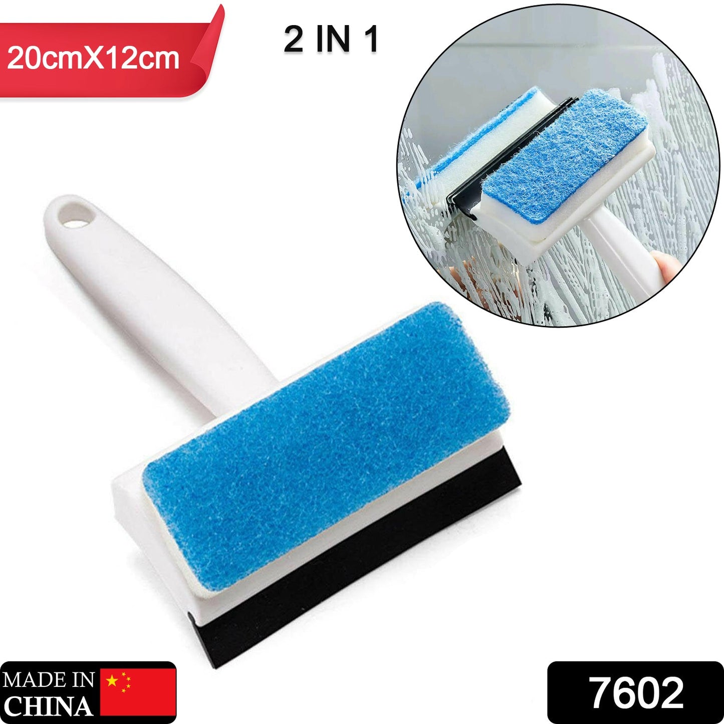 double-sided bathroom window wiper with blue scrub pad and rubber squeegee for streak free glass cleaning