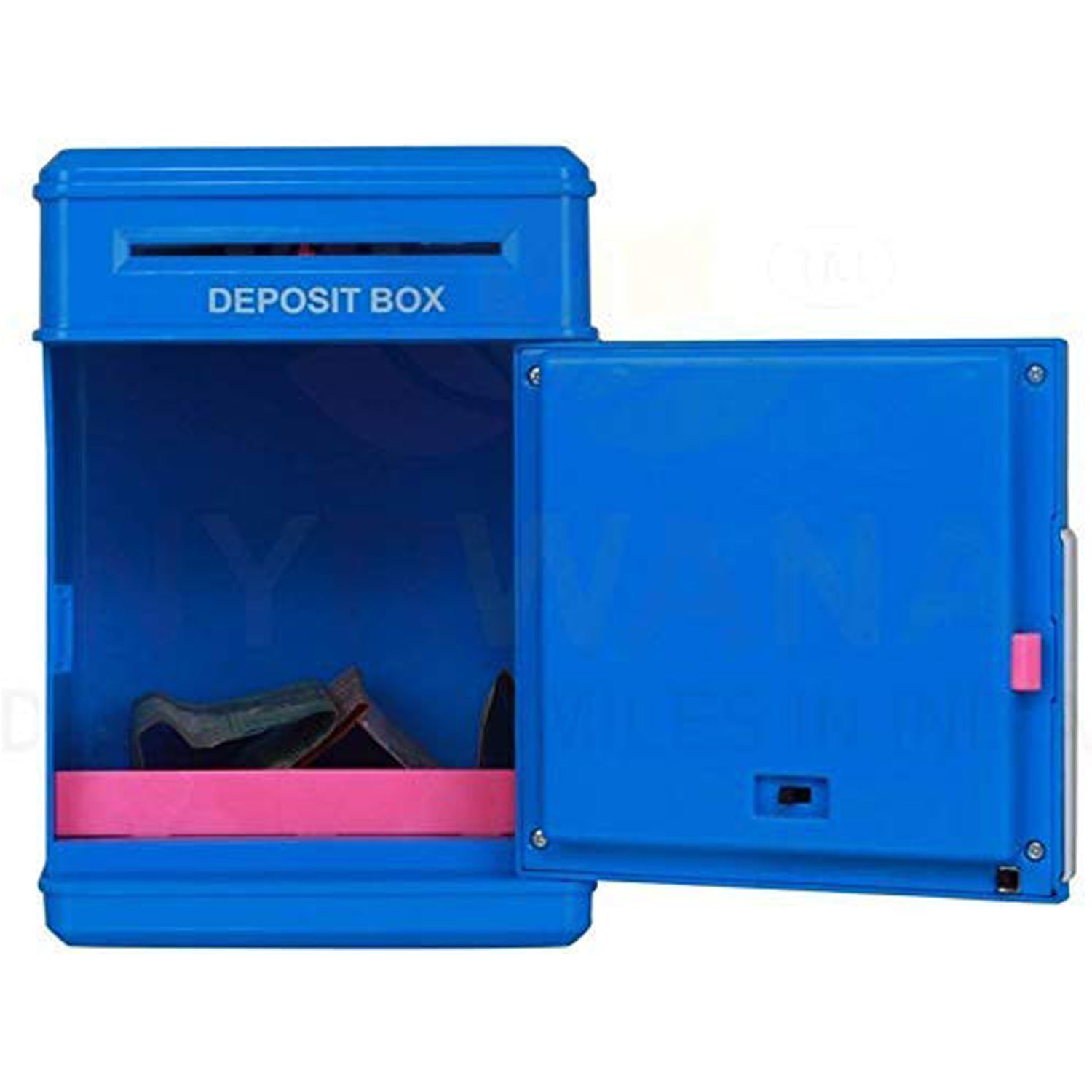 blue deposit box with open front coin slot and pink tray electronic lock piggy bank for kids gifts