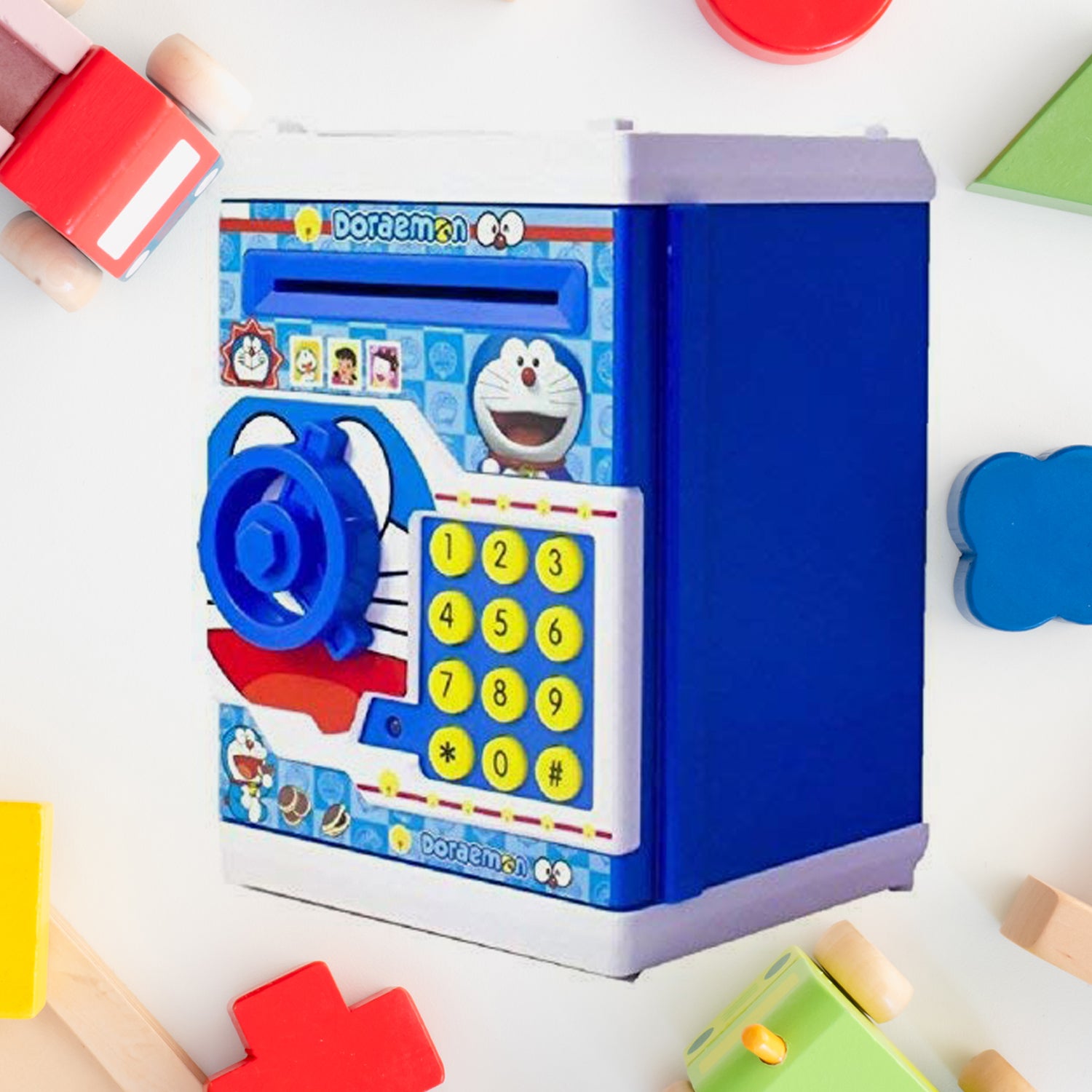 Blue Doraemon electronic toy safe with keypad and dial slot electronic lock piggy bank for kids gifts