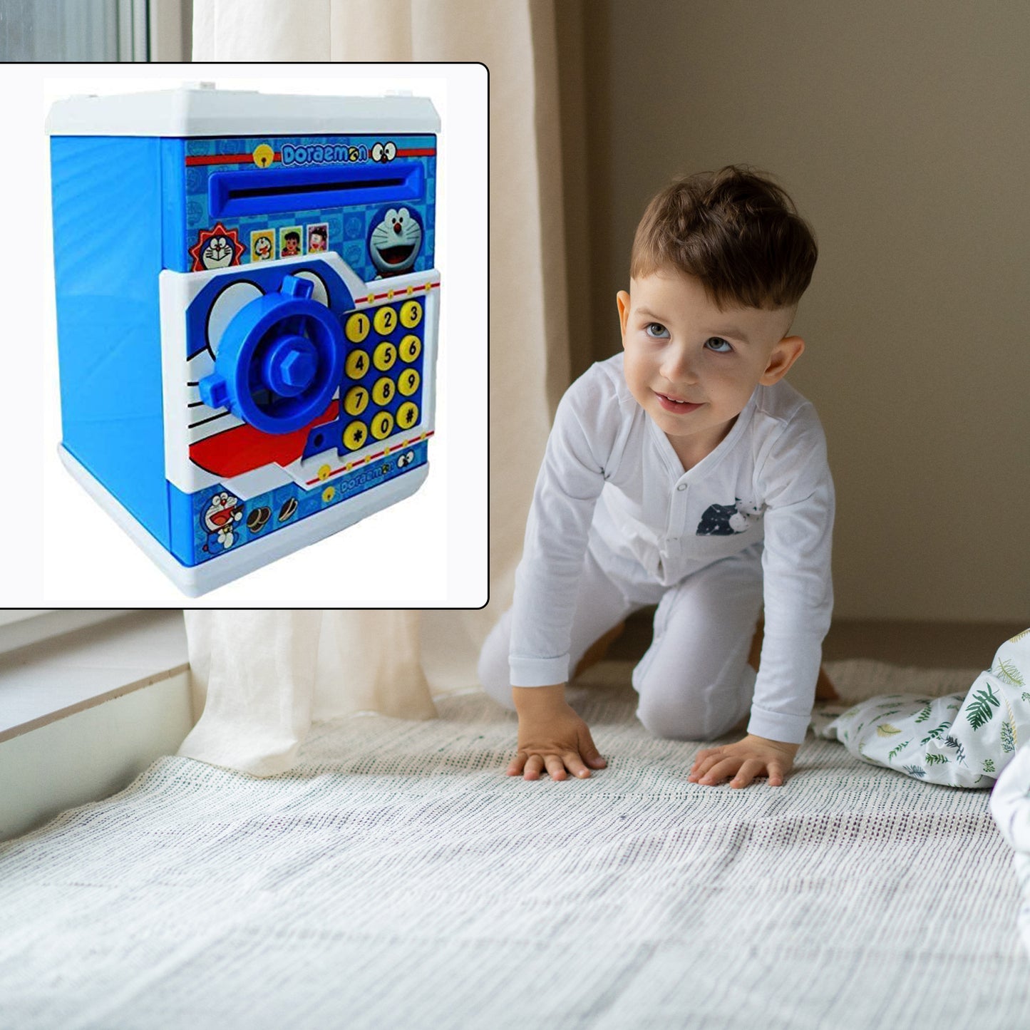 blue electronic lock piggy bank for kids gifts shown next to a curious toddler crawling on bed