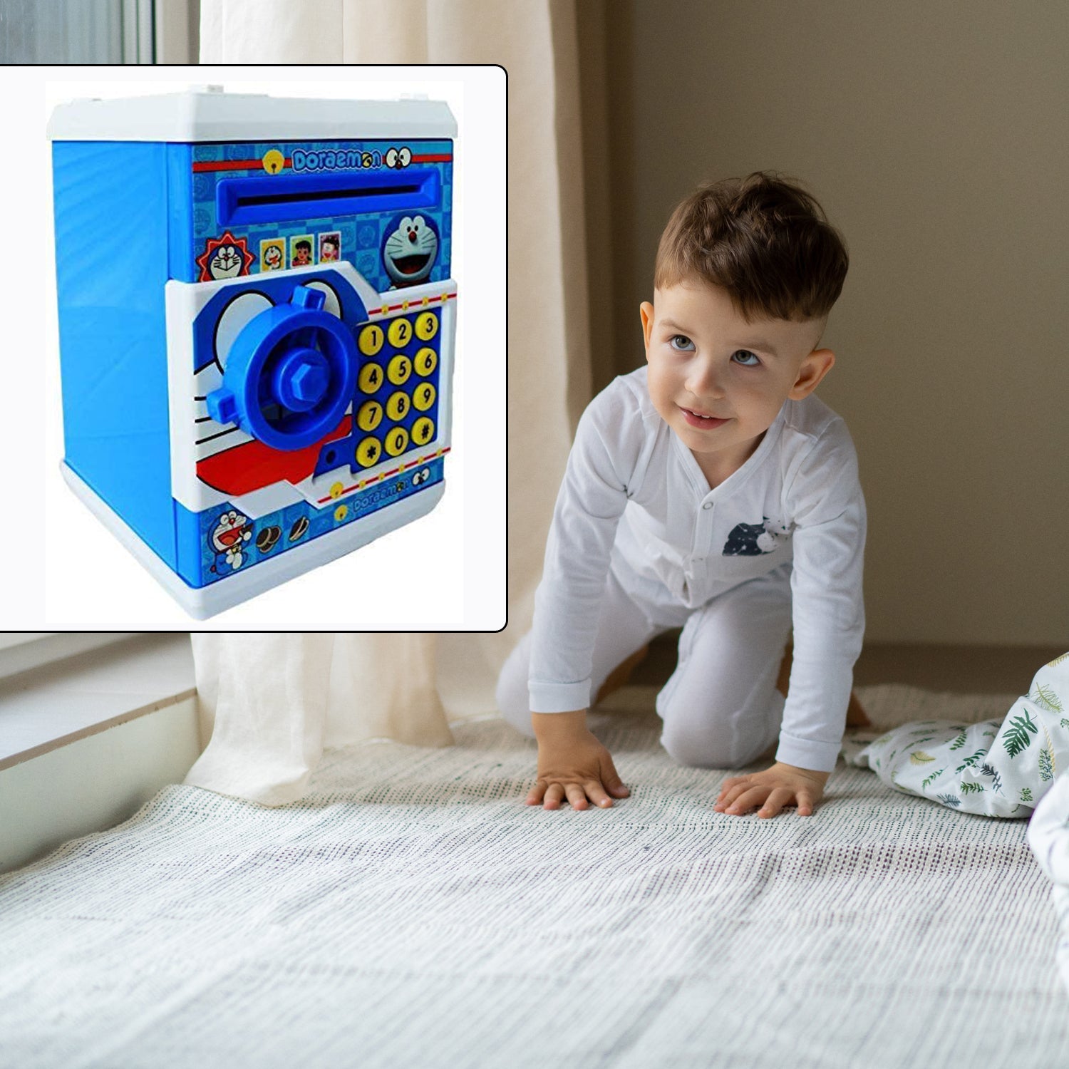 blue electronic lock piggy bank for kids gifts shown next to a curious toddler crawling on bed