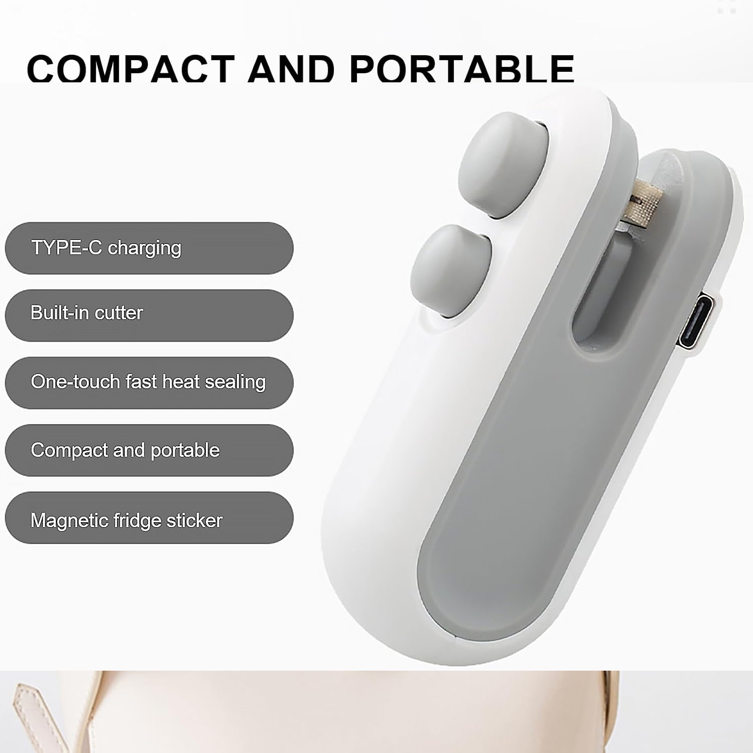 compact white and gray portable heat sealer and cutter with Type C charging port and built in cutter