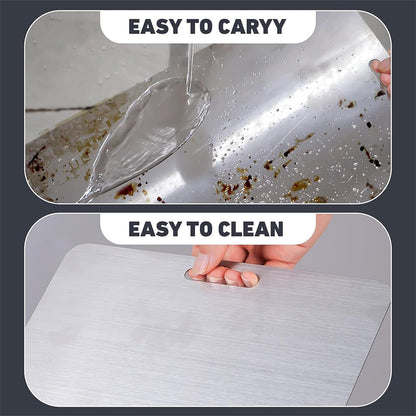 stainless steel chopping board shows water runoff and food debris in top image and clean surface with hand carrying handle