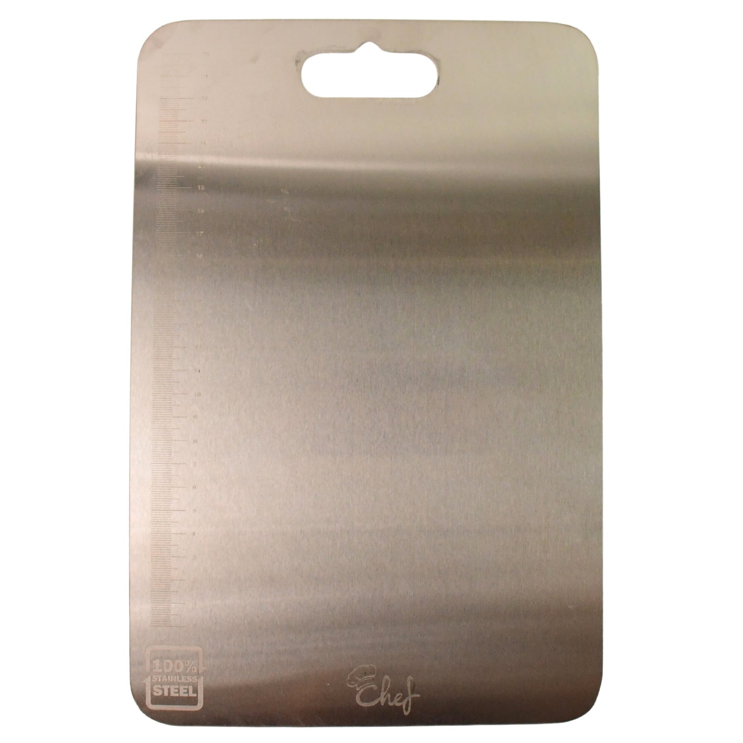 stainless steel chopping board rectangular with hanging hole and measurement marks for kitchen prep