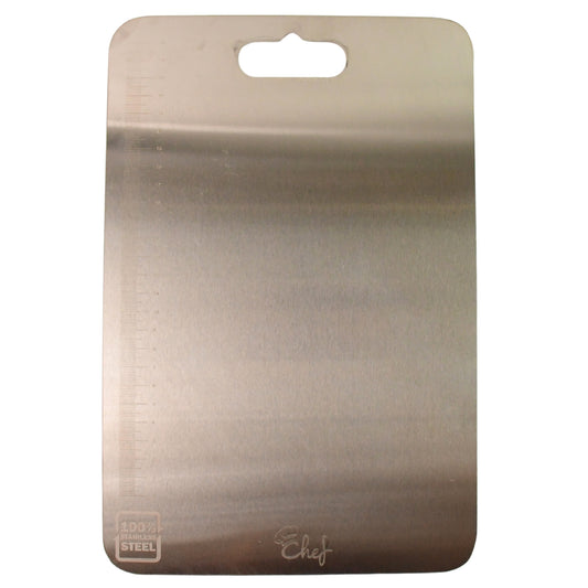 stainless steel chopping board rectangular with hanging hole and measurement marks for kitchen prep