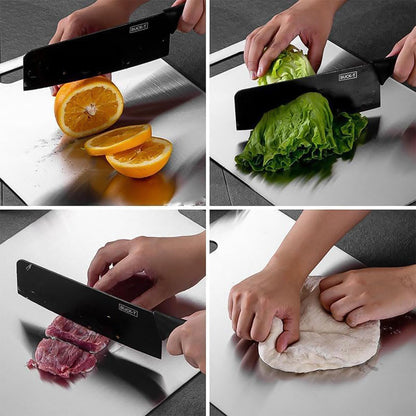 stainless steel chopping board collage showing slicing oranges, chopping lettuce, cutting meat, kneading dough