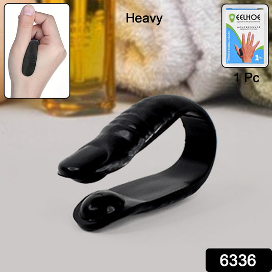 black U shaped finger tool shown clipped on hand and packaging sugar control acupressure device