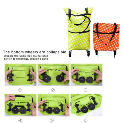 travel luggage trolley bag foldable polka dot shopping bag with collapsible wheels and carry straps