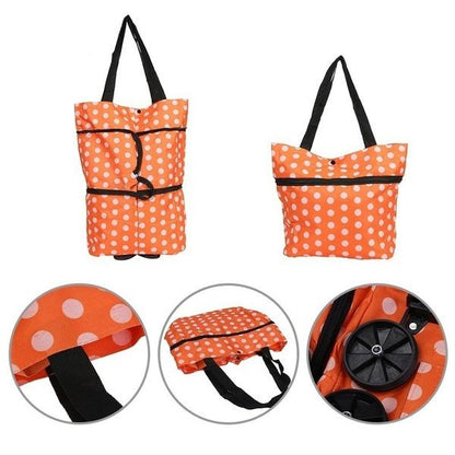 orange polka dot travel luggage trolley bag foldable tote with shoulder straps and wheels