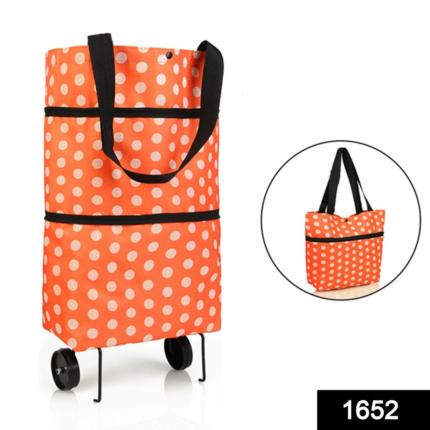 orange polka dot travel luggage trolley bag with black straps folding shopper and wheels