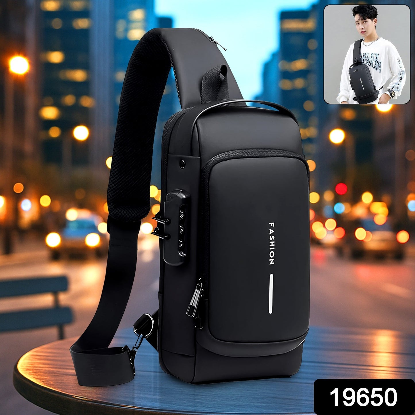 black sling trendy shoulder bag for travel with padded strap front pocket and reflective strip