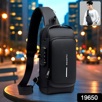 black sling trendy shoulder bag for travel with padded strap front pocket and reflective strip