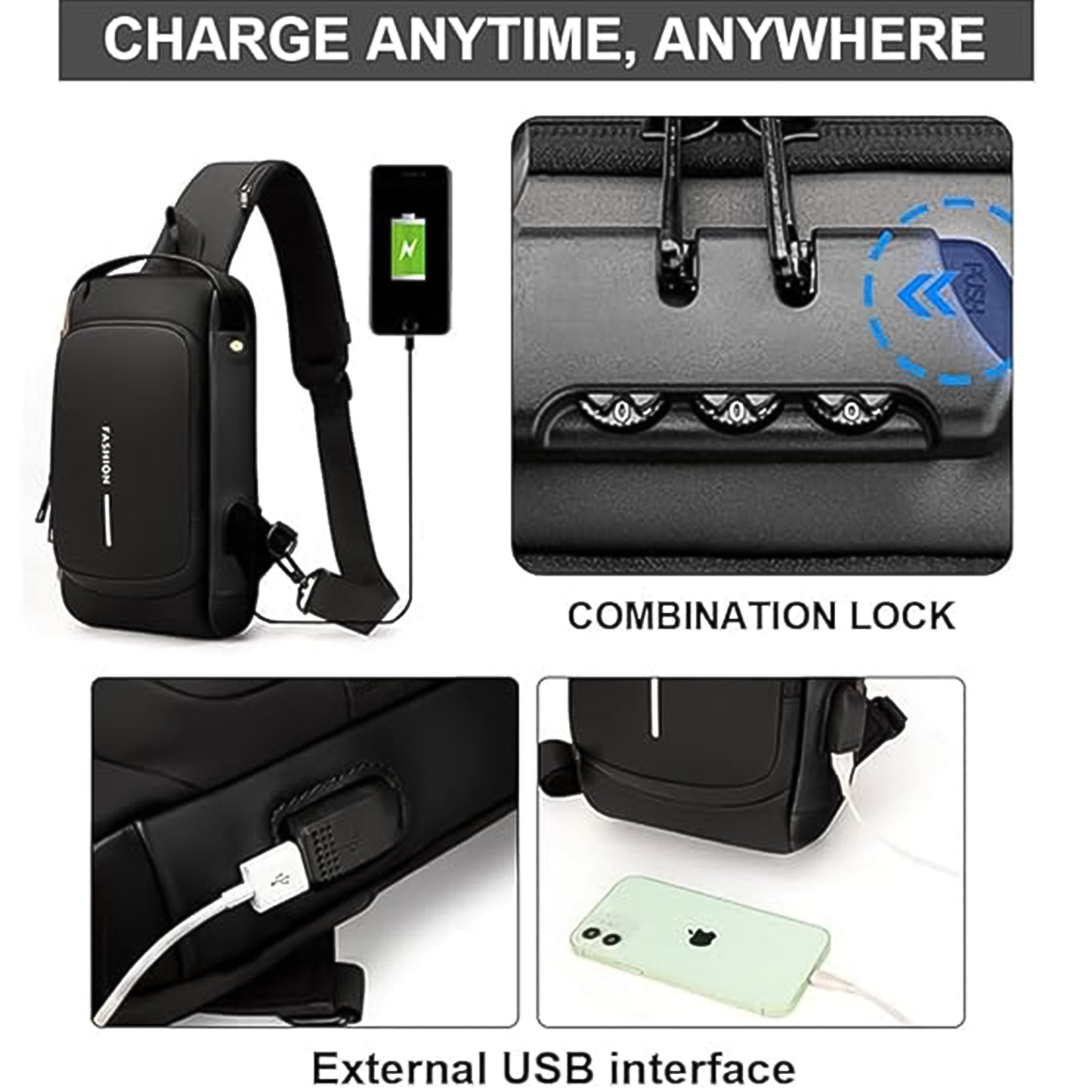 black sling bag with external USB charging port and combination lock, trendy shoulder bag for travel