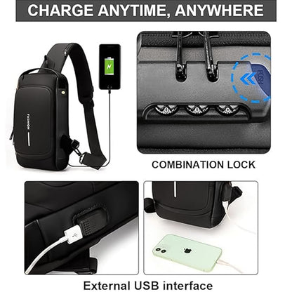 black sling bag with external USB charging port and combination lock, trendy shoulder bag for travel