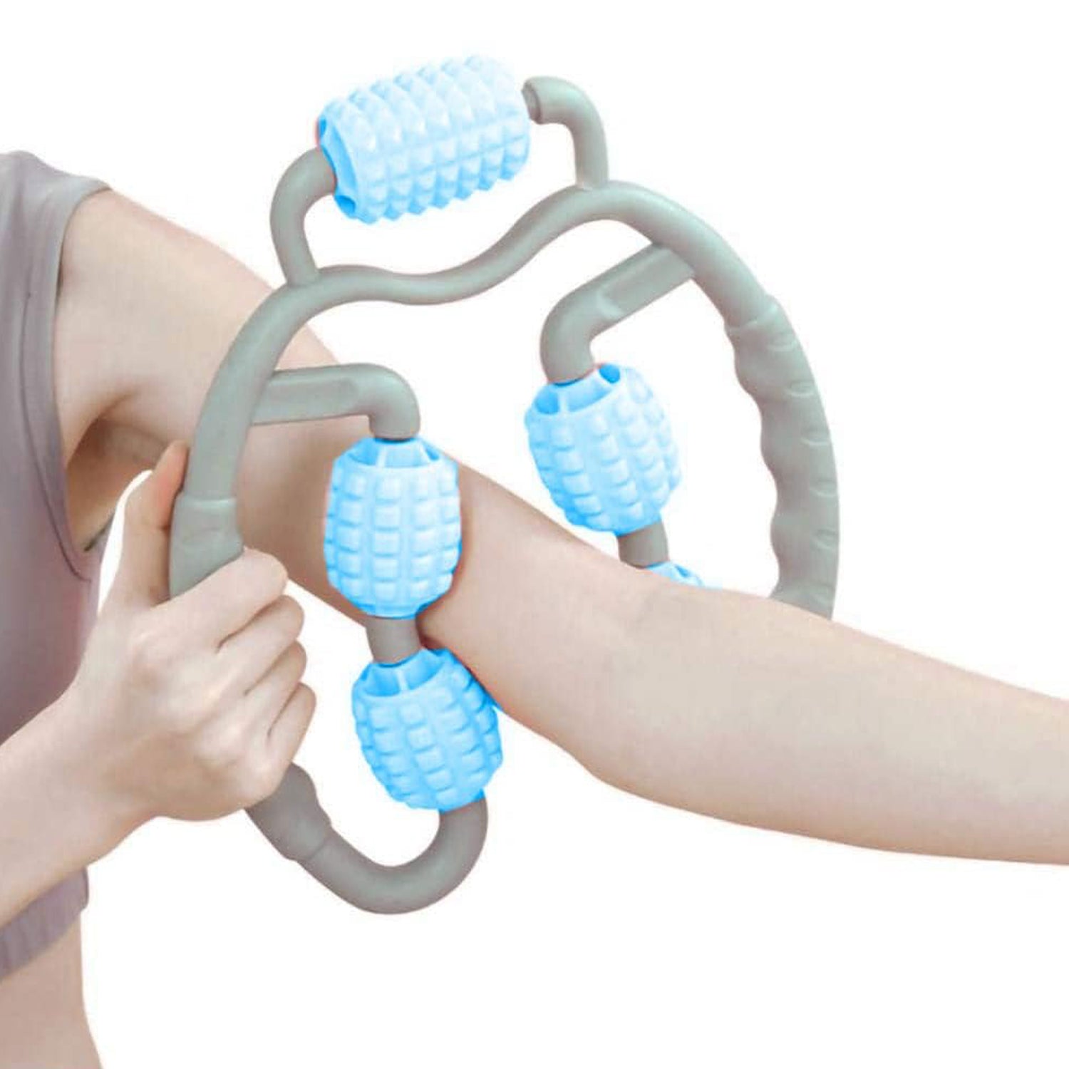 5 wheel fitness roller massager with five textured blue rollers for forearm and leg muscle relief