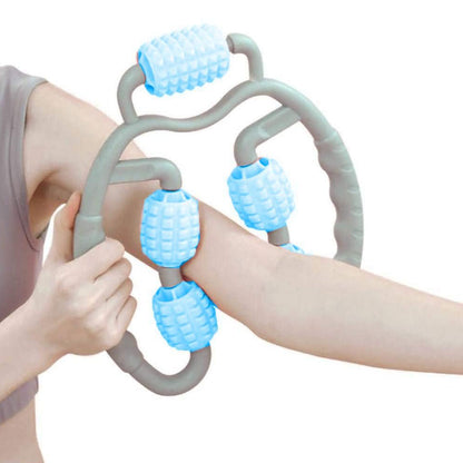 5 wheel fitness roller massager with five textured blue rollers for forearm and leg muscle relief