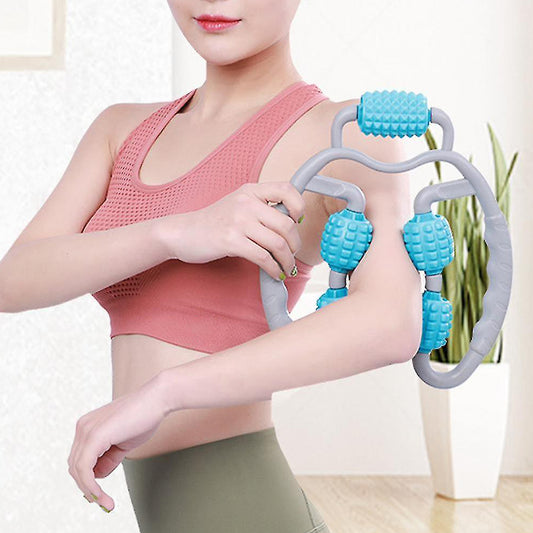5 wheel fitness roller massager in blue used by woman on arm and forearm for muscle relief