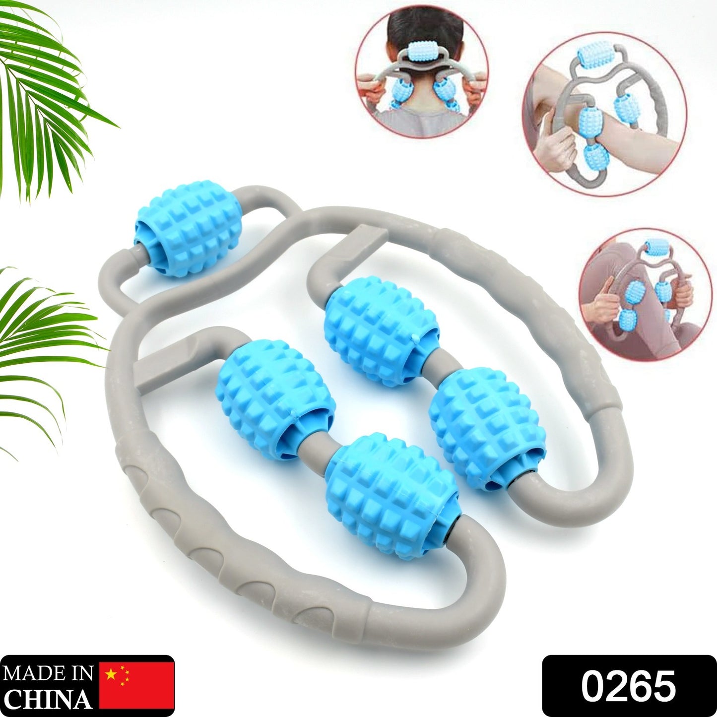 5 wheel fitness roller massager handheld myofascial tool with five blue textured rollers for neck and back relief