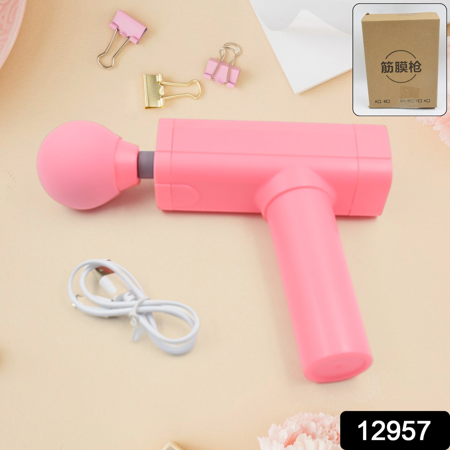 pink handheld massage gun with USB cable powerful muscle massager for pain relief