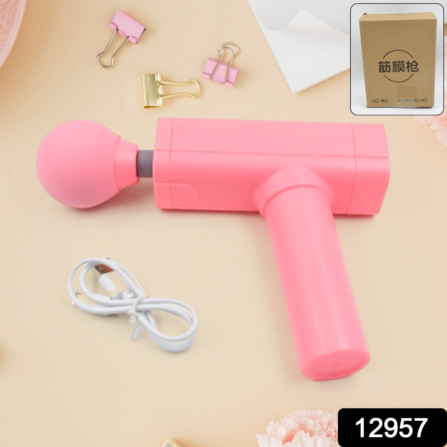 pink handheld massage gun with USB cable powerful muscle massager for pain relief