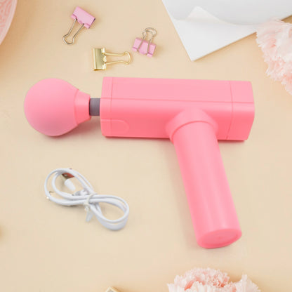 pink handheld massage gun with round attachment and USB cable powerful muscle massager for pain relief
