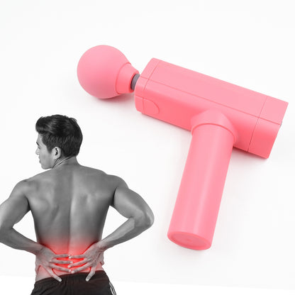 pink massage gun next to man clutching lower back with red pain highlight powerful muscle massager for pain relief