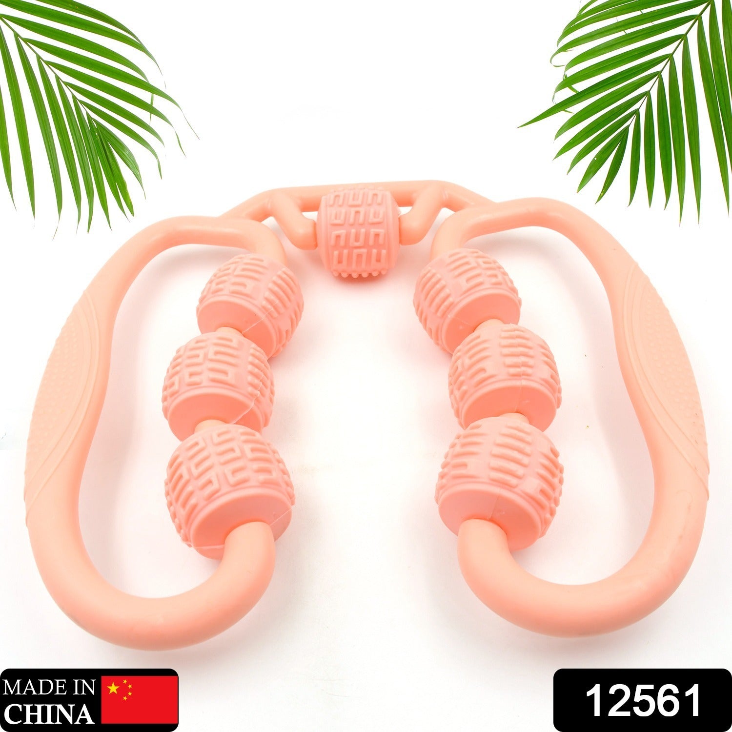 peach handheld muscle roller with six textured beads and dual handles for muscle soreness relief massager