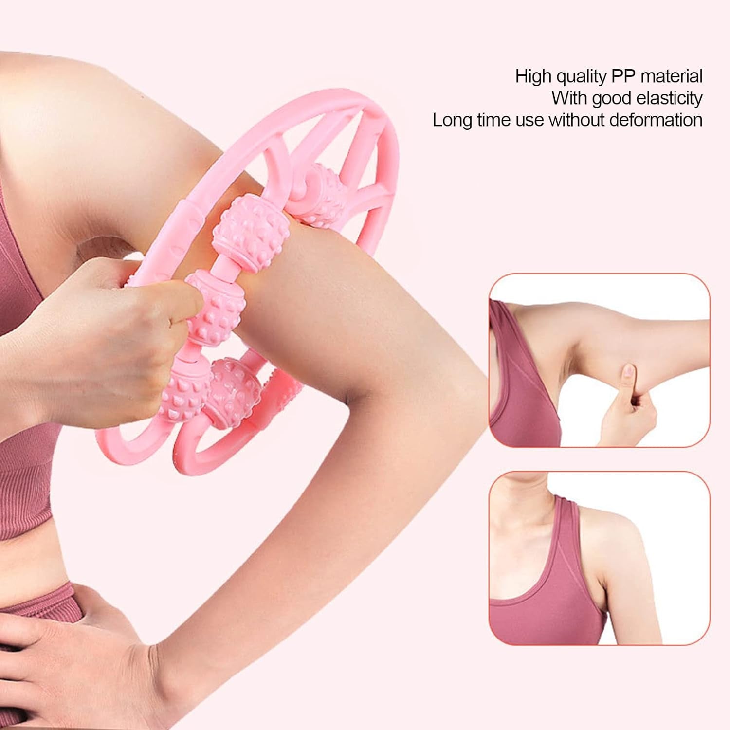 pink arm roller with textured nodes for deep tissue massage muscle soreness relief massager for arms and shoulders