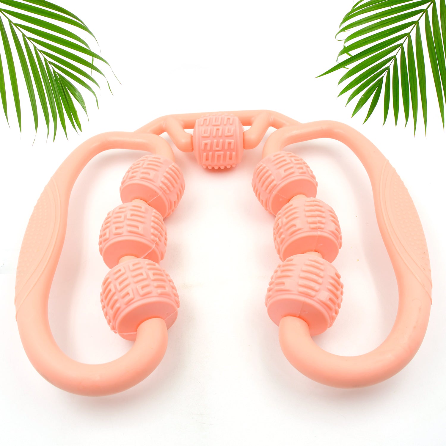 pink handheld roller with textured beads and dual handles for muscle soreness relief massager at home