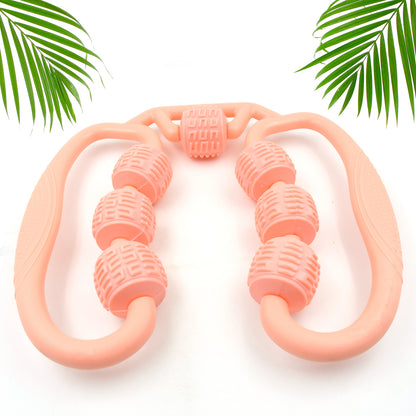 pink handheld roller with textured beads and dual handles for muscle soreness relief massager at home