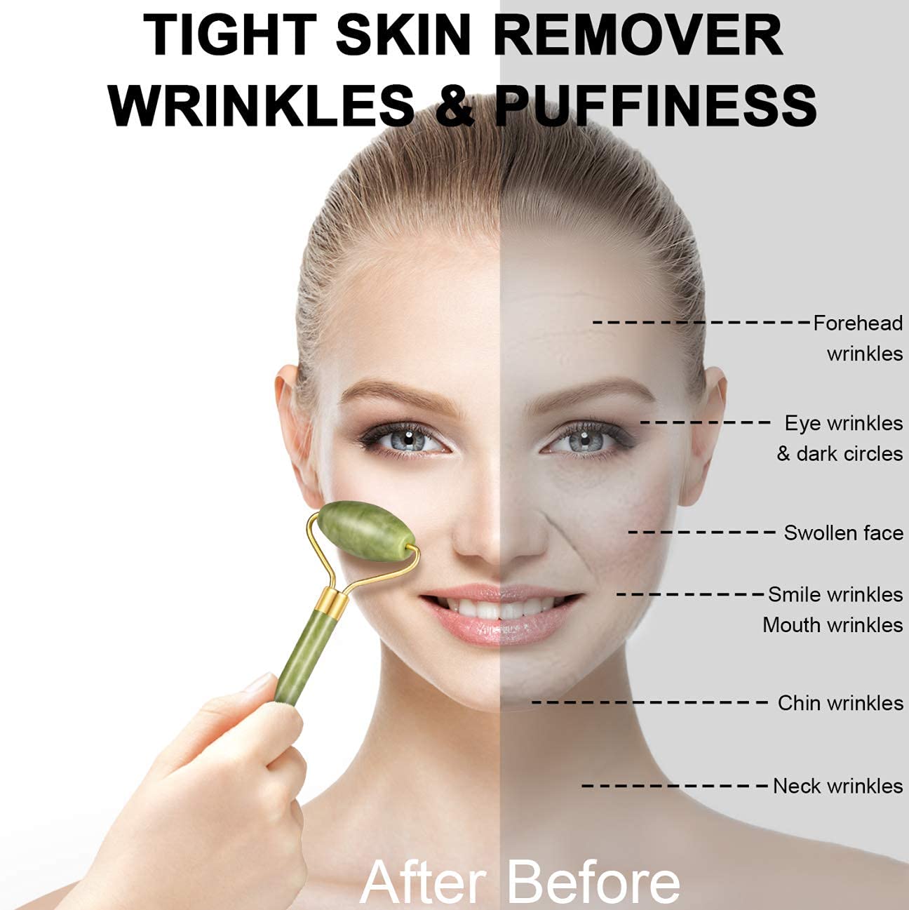 natural jade facial roller for glowing skin used on female model face showing before and after reducing wrinkles