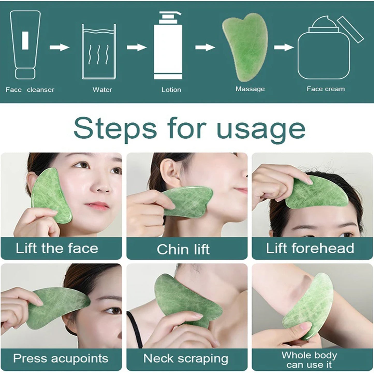 natural jade facial roller for glowing skin gua sha tool showing usage steps for face neck and body