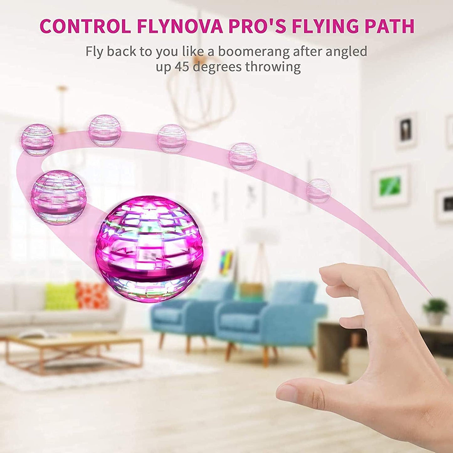 flying orb ball toy demonstrating its boomerang-like flying path in a living room setting