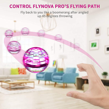 flying orb ball toy demonstrating its boomerang-like flying path in a living room setting