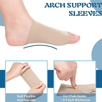 beige arch support sleeves with gel pad on foot showing soft flexible fit best foot care product for orthopedic shoes