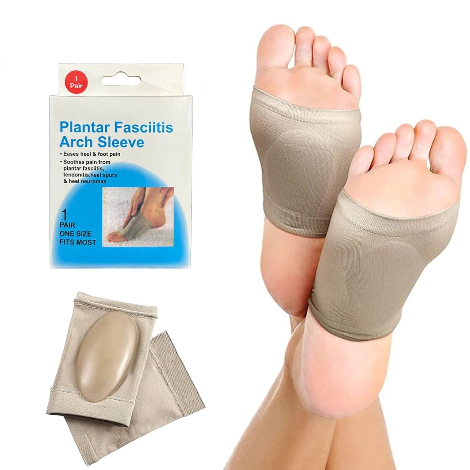 plantar fasciitis arch sleeve with gel pad on feet showing beige sleeve best foot care product for orthopedic shoes