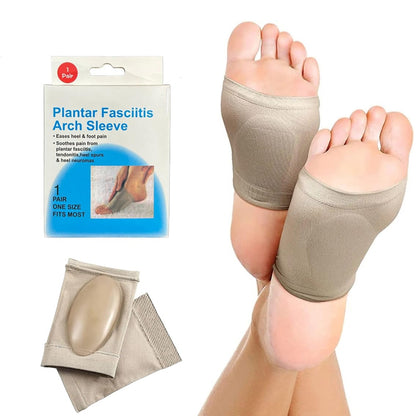 plantar fasciitis arch sleeve with gel pad on feet showing beige sleeve best foot care product for orthopedic shoes