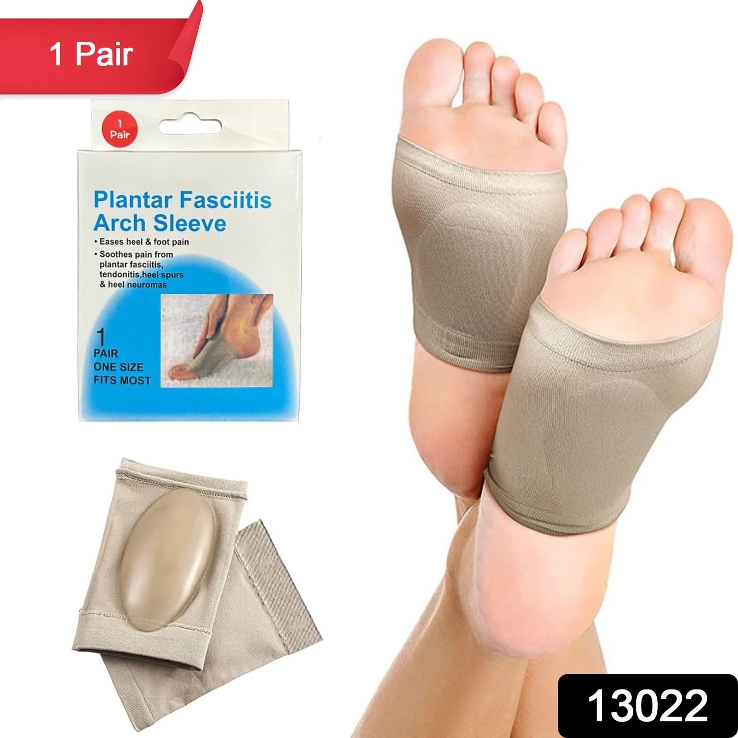 plantar fasciitis arch sleeve gel pads beige showing package and pair on feet best foot care product for orthopedic shoes