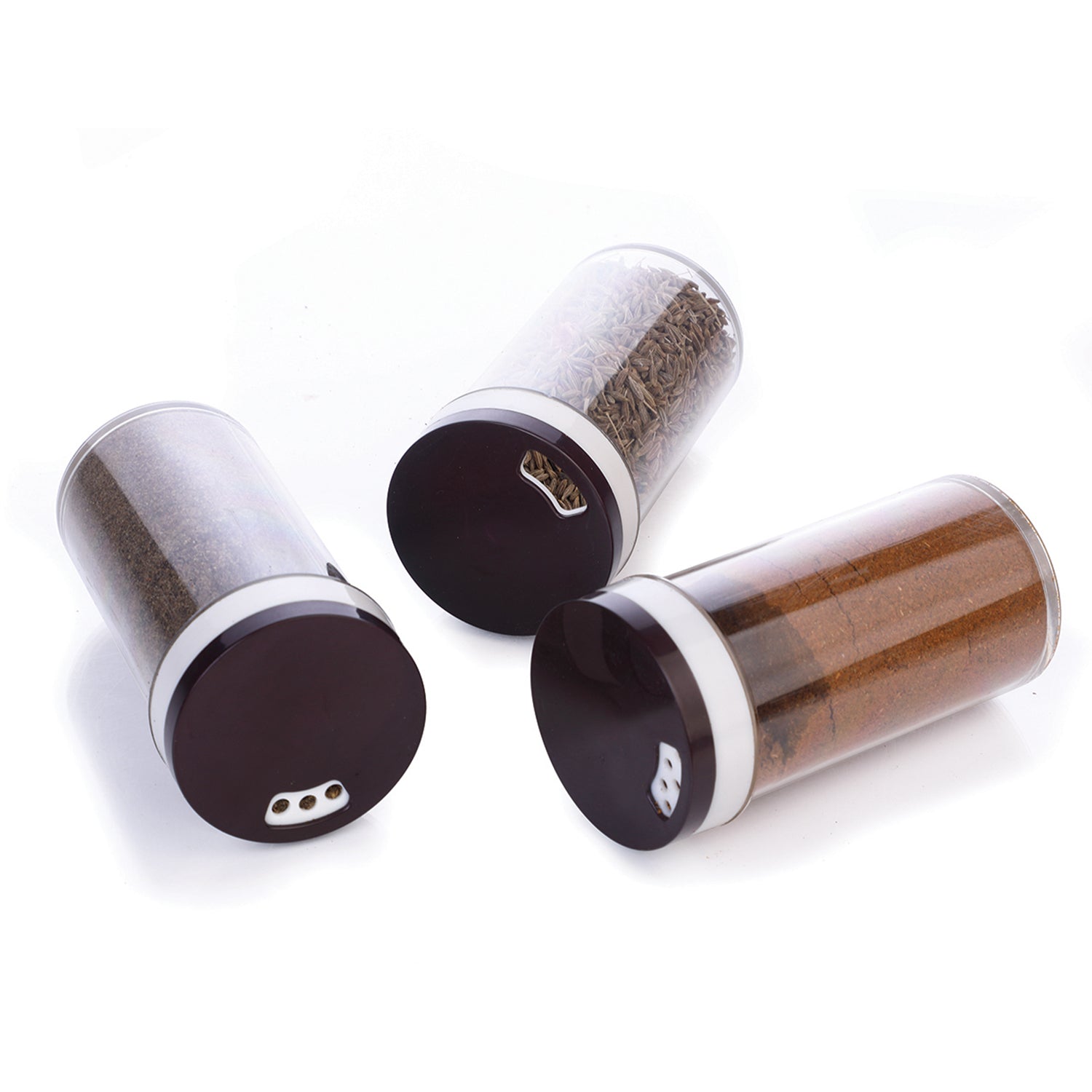 clear cylindrical kitchen spice storage container set with black lids transparent bodies and shaker holes