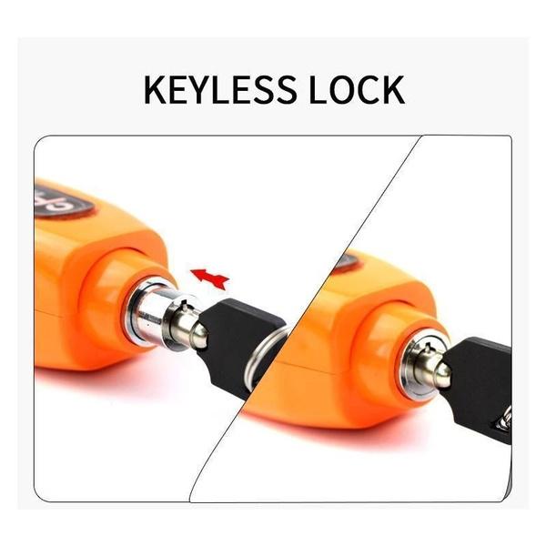 Orange keyless anti-theft brake lever lock for bikes shown close up with removable key insert