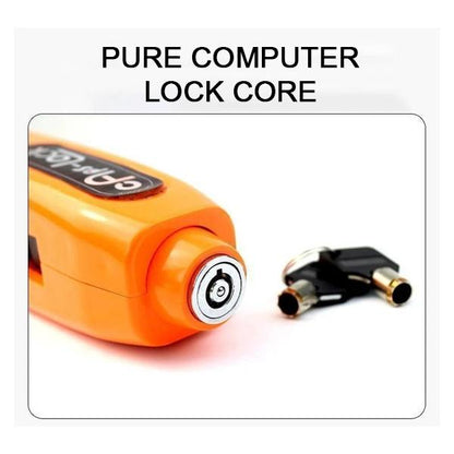 orange anti-theft brake lever lock for bikes showing lock core cylinder and two keys close up