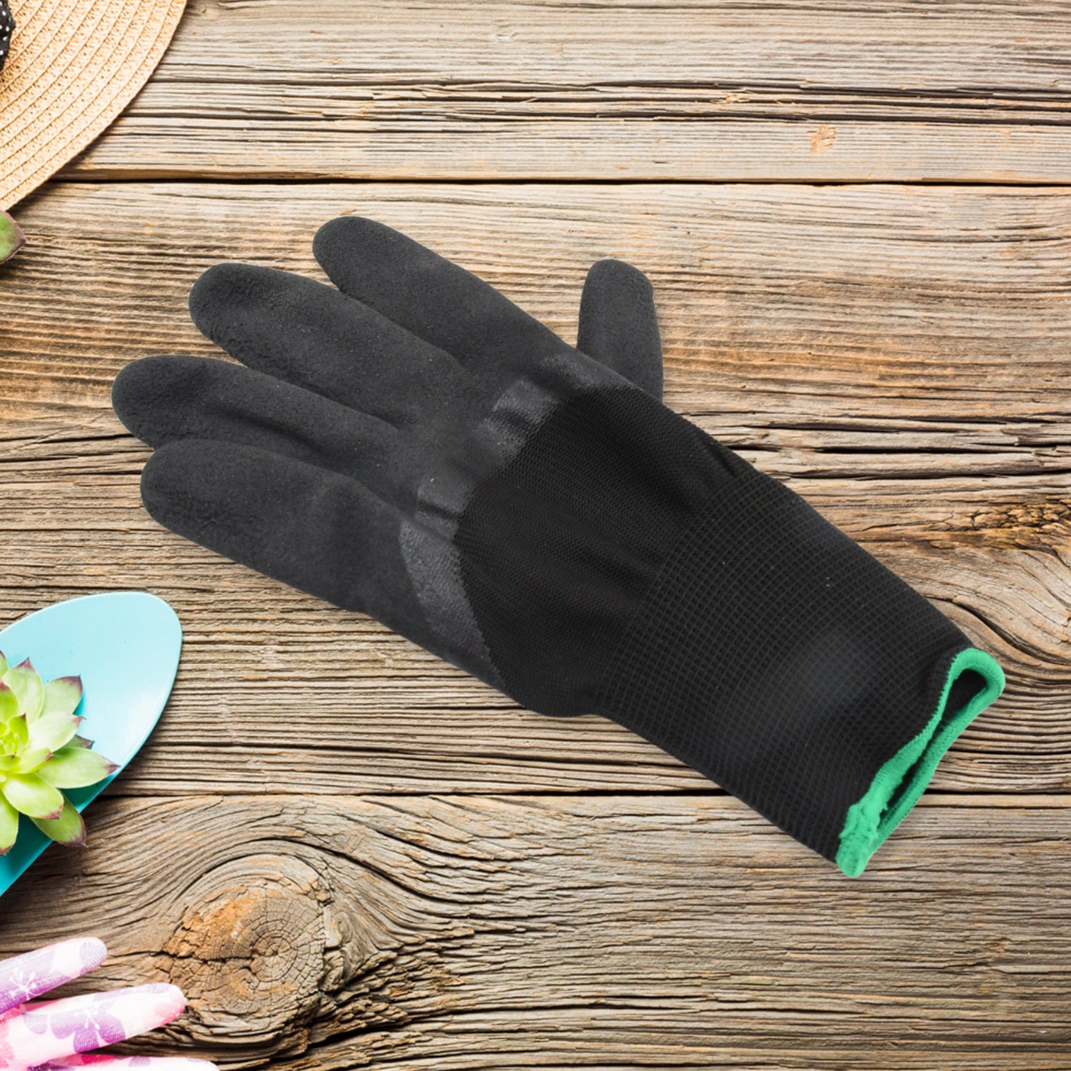 black garden gloves with claws nitrile coated for digging with green cuff