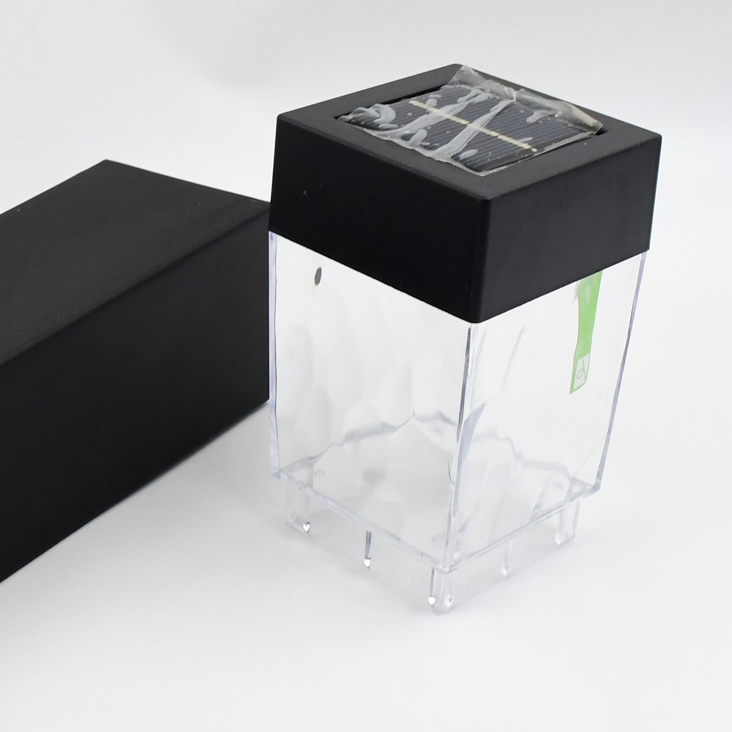 weatherproof solar park lighting black square top with clear plastic lantern body for garden paths