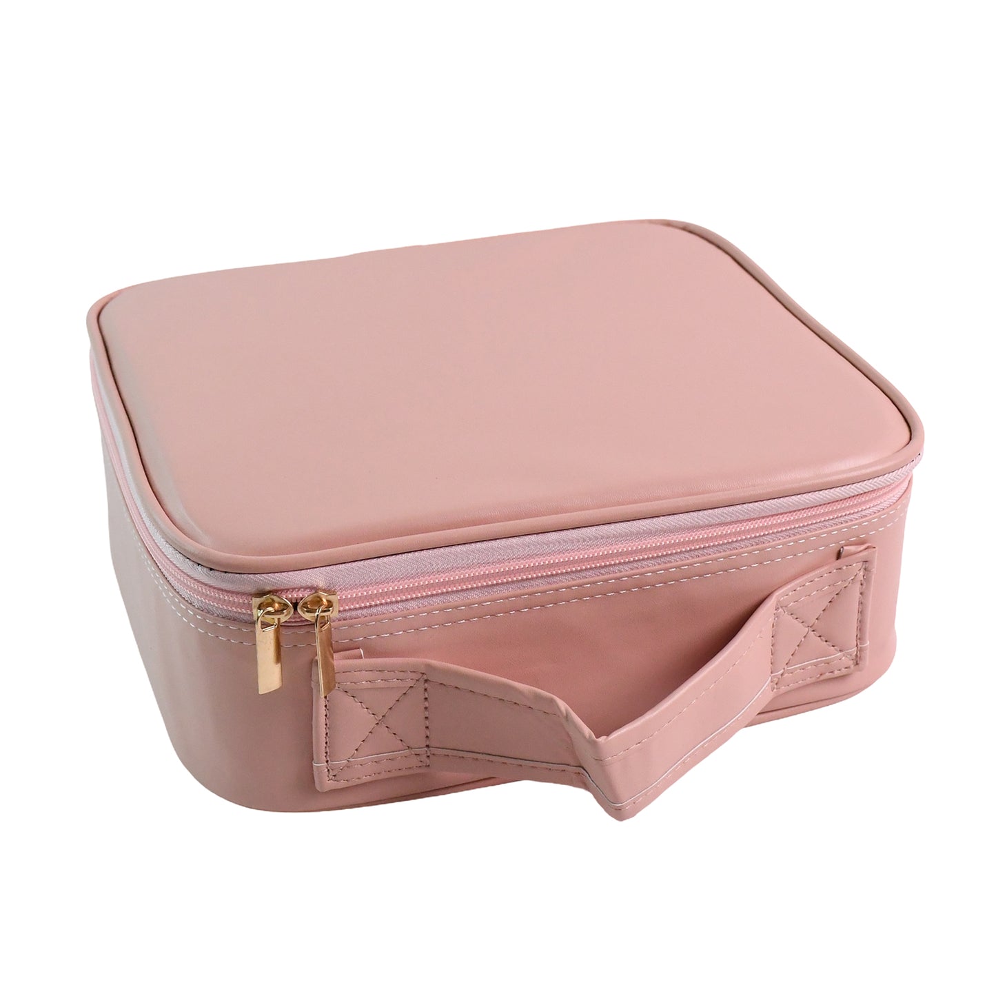 pink rectangular travel cosmetic case with handle and zipper premium makeup storage with mirror