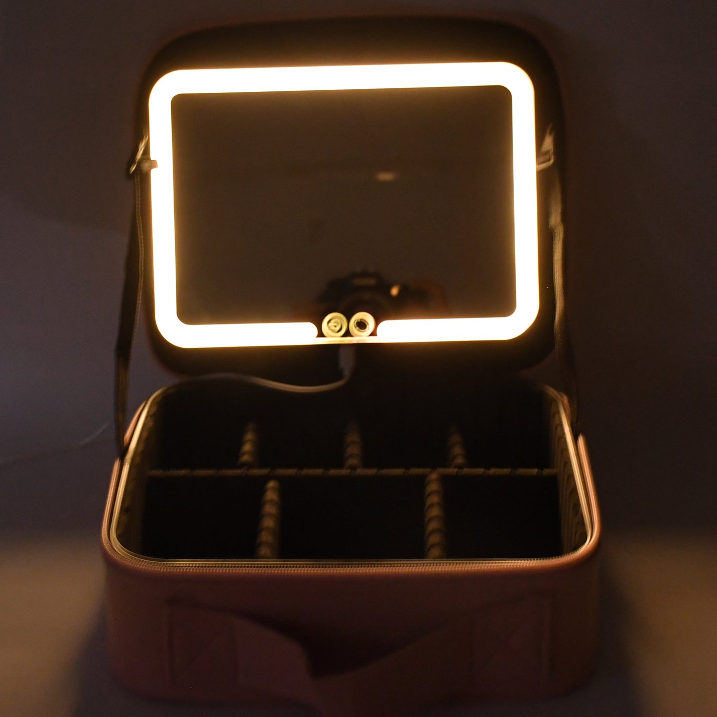 premium makeup storage with mirror LED lighted rectangular mirror and divided organizer compartments