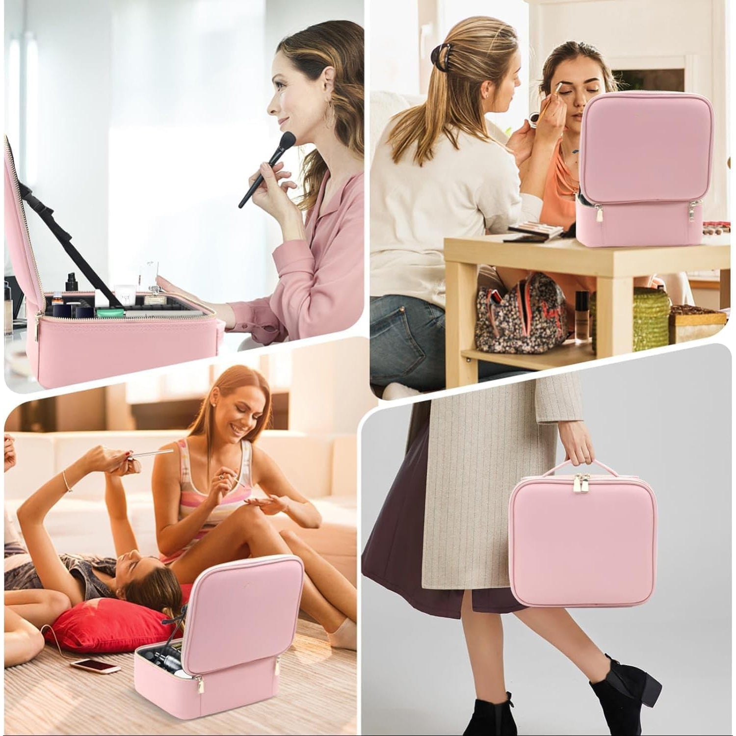 Pink portable premium makeup storage with mirror case shown in use for travel vanity and everyday organization