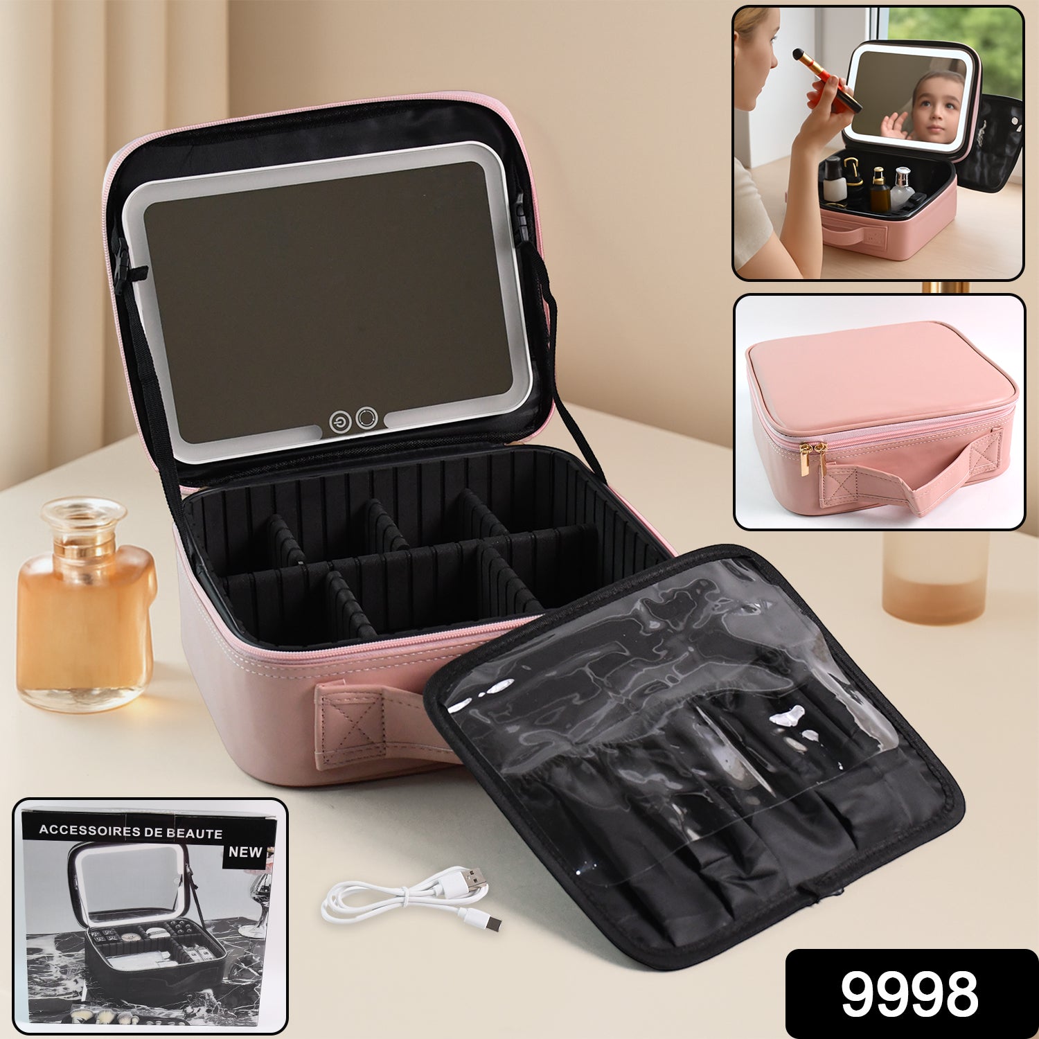 pink premium makeup storage with mirror case with LED light removable compartments and brush organizer